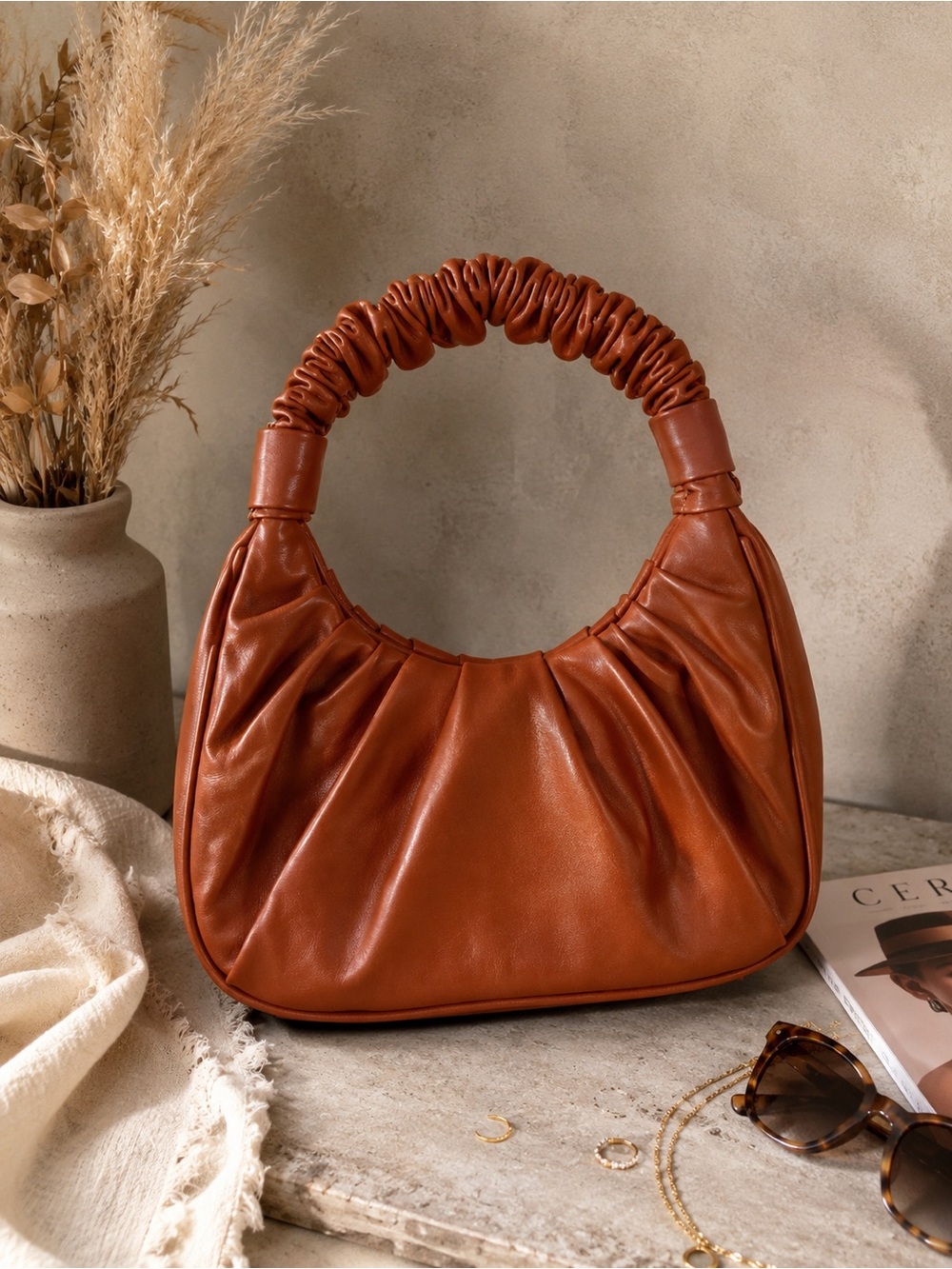 Cognac Brown Slouchy Shoulder Bag Ruched Handle Y2K Hobo Purse
